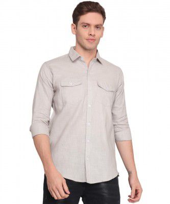TryBuy Premium Grey Solid Cotton Linen Casual Double Pocket Shirt for Men