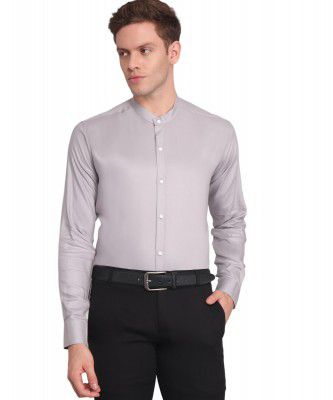 TryBuy Premium Luxurious Full Sleeves Mandarin Collar Silver Cotton Casual Shirt for Men