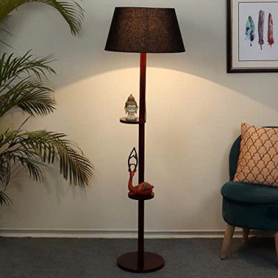 tu casa Floor Lamps with Mango Wood Base & Black Cotton Shades for Home Décor, (H- 148cm) - Bulb not Included