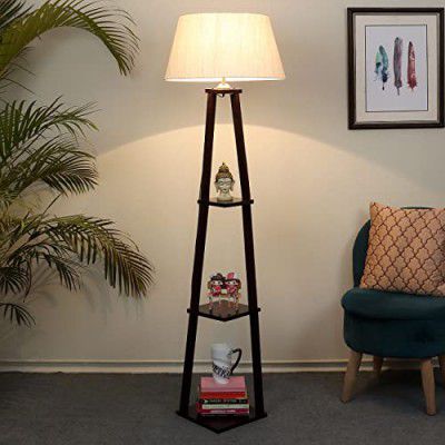tu casa Floor Lamps with Mango Wood Base & Off-White Cotton Shades (H-152 cm) - Bulb not Included