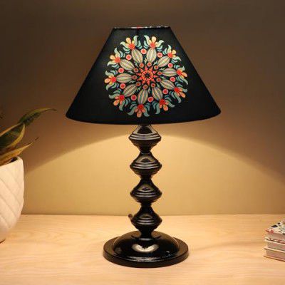 tu casa Halo Glow Black Metal Table Lamp (French Floral Print with Satin Shade) H - 15" / No Blub