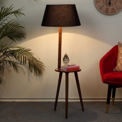tu casa Handcrafted Mango Wood Floor Lamp with Black Cotton Shade | Decorative Standing Lamp (132 cm)