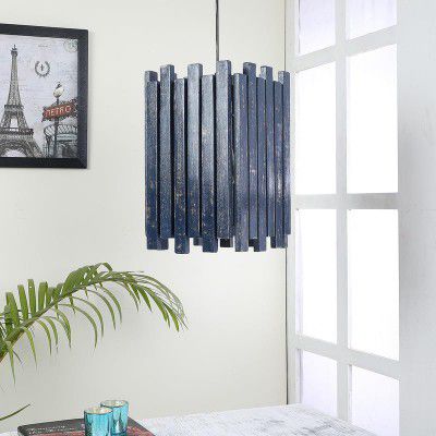 tu casa Hanging Lamps with Mango Wooden Base & Blue Wood Shades for Home Décor (Height: - 77cm) - Bulb not Included