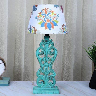 tu casa Mangowood Aqua French Table Lamp (English Oak Print with Satin Shade) H - 21" / No Blub