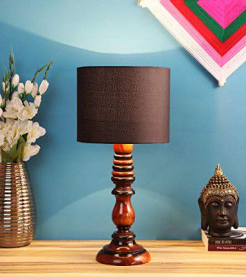 tu casa Off White Cotton Shade with Brown Mango Wood Base Table Lamp | Elegant Bedside & Desk Lamp (Height : 21 Inch)