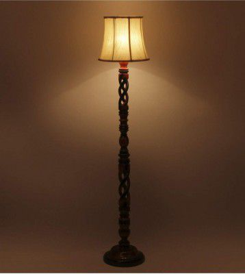 tu casa Off White Cotton Shade with Brown Mango Wood Base Floor Lamp | (Height : 59 Inch/No Blub Included)