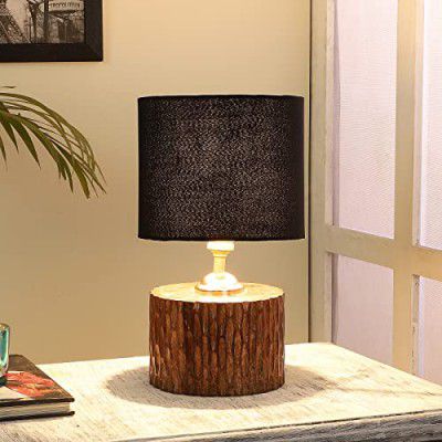 tu casa Table Lamps with Mango Wood Base & Black Cotton Shades (Height- 31cm) - Bulb not Included