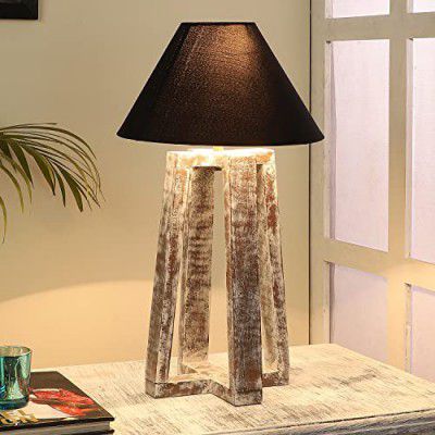 tu casa Table Lamps with Mango Wood Base & Black Cotton Shades for Home Décor (Height- 46cm) - Bulb not Included
