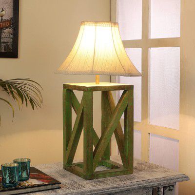 tu casa Table Lamps with Mango Wood Base & Off-White Cotton Shades (Height- 52cm) - Bulb not Included