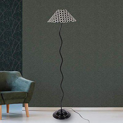 Tu Casa TC-119-Geometric Black & White printShade-with Metal Base FloorLamp (B-22 - Brass Holder-Bulb NOT Included)-Bed Switch-Not Included, L * W * H (13X13X56.5 Inches)