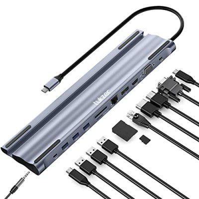 Tukzer USB C to 12 in 1 HUB Dock MST, Type C to 4K HDMI, VGA DisplayPort Ethernet Adapter| 100W Power Delivery, 3 USB 3.0, SD/TF Card Reader, 3.5mm Audio (Grey)