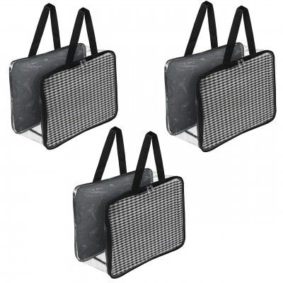 TULMAN 3 Pack Grey Checks Transparent Storage Bag PVC & Cloth – 42 x 22 x 32 cm
