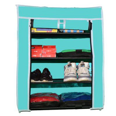 TURBOMAX Shoe Rack Stand for Home Multipurpose Storage Organizer Lightweight with Iron Pipes Dust Proof Cover (4-Layer-Elbow, Firozi)