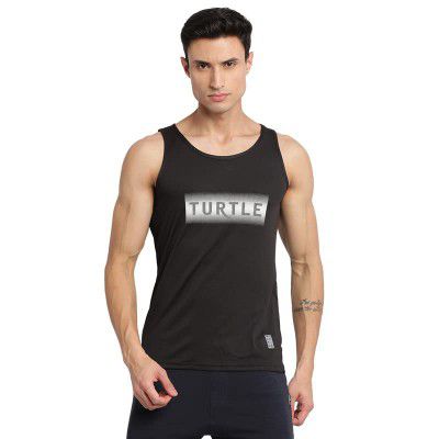 Turtle Men Cotton Blend Black Printed Tank Vest