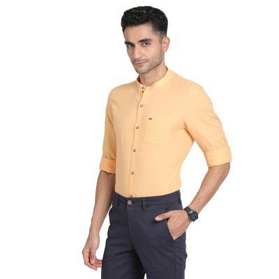 Turtle Men Cotton Linen Yellow Plain Slim Fit Mandarin Collar Casual Shirt