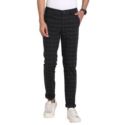 Turtle Men Cotton Stretch Black Checkered Narrow Fit Flat Front Casual Trouser