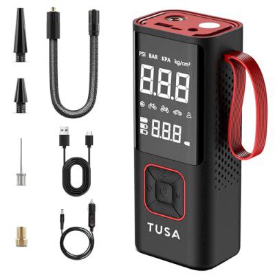 TUSA Cordless Tyre Inflator - Dual Mode Battery & 12V Car Port, (Red)
