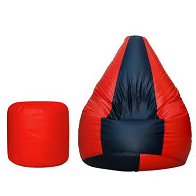 TUSA LIFESTYLE Bean Bag Chair with Footrest (Stool) Combo Set Without Beans (XXXL, Navy Blue and Red, Faux Leather)