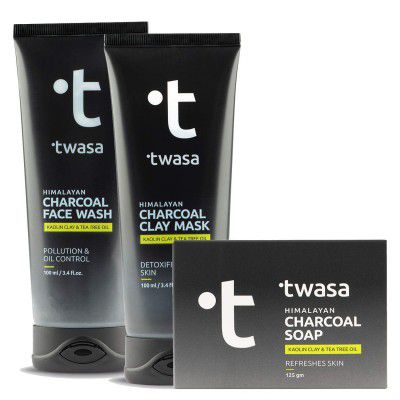 Twasa Himalayan Charcoal Gift Box Facial Kit, Contains Face Wash (100ml), Clay Mask (100ml) & Soap (125g)