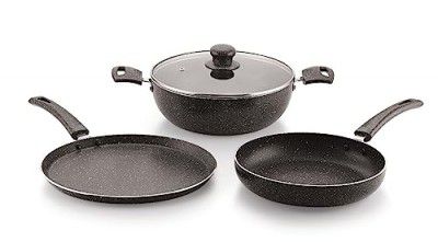TWIN BIRDS Induction Base Granite Non-Stick Aluminium Cookware Set, Including Nonstick Flat Tawa, Nonstick Kadai with Glass Lid, and Nonstick Frying Pan