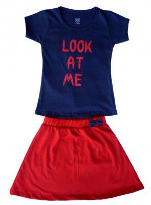Twis Fab Cotton Hosiery Baby Girl's Fashion Printed T-Shirt Top and Skirts Set for Girl Navy Blue + RED