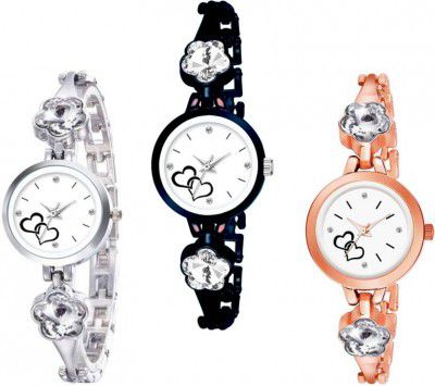 TWIXY  Flower Stone Mix Color Strap-Double Heart White Dial All Girls-Women-Ladies Hand Analog Watch - For Girls