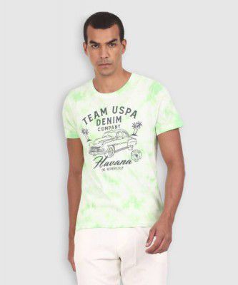 U.S. POLO ASSN. Men Printed Crew Neck Cotton Blend Green T-Shirt