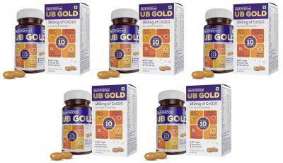 Ub Gold Coenzyme Q10 (Coq10) 150Mg Supplement 100% Vegan Softgel |Ala Vit B12 D3 (30 Capsules) X Pack Of 5