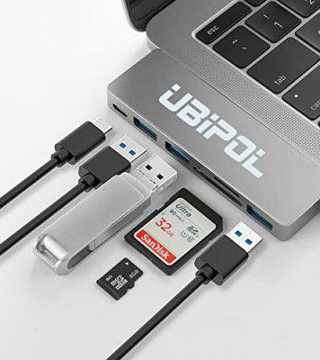 UBIPOL USB C 6 in 2 MacBook Hub & Docking Station, Multiport Type C to PD Fast Charging Port, 3 USB Ports with SD / TF Card Readers, Compatible with MacBook Pro, MacBook Air