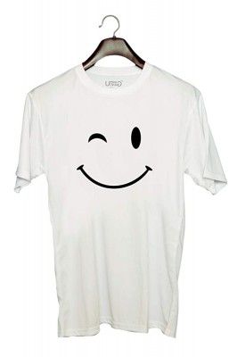 UDNAG Unisex Round Neck Graphic Smiley Polyester T-Shirt White