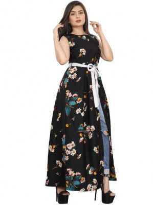 UEA Women Floral Print Frontslit Kurta (White, Black)