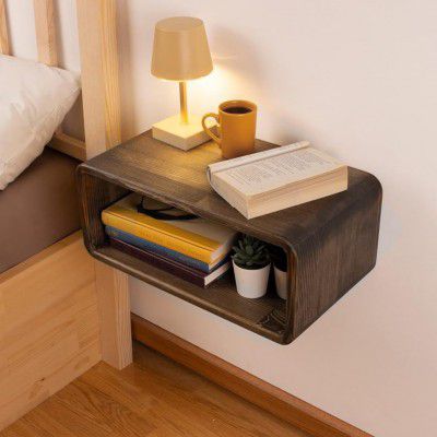 UHUD CRAFTS Floating Wooden Bedside Shelf, 2- Tier Solid Wood Shelf - Dark Burnt