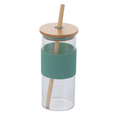 UI Intros Borosilicate Glass Tumbler with 2 Unique Straws and Bamboo Lid, Removable Silicone Protective Sleeve, BPA Free, 450 ML-Travel Mug Hot and Cold (Pack of 1)