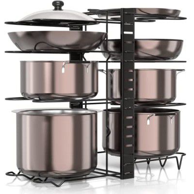 UmI. 3 Diy Methods Iron Metal Portable Pot Countertop Pan Rack Organizer 8 Pots Holder, 4-Tiers Each Side (Black)