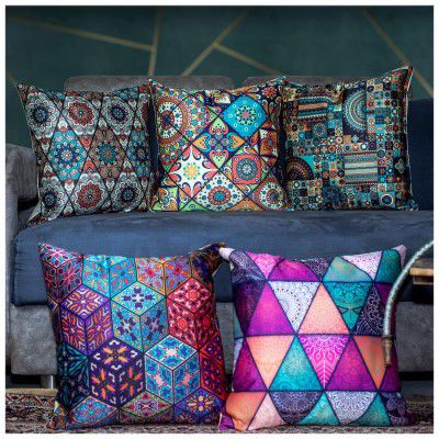Umi Satin 250TC Cushion Pillow Covers, Multicolor, Set of 5 (16X16 Inches, Ishil)