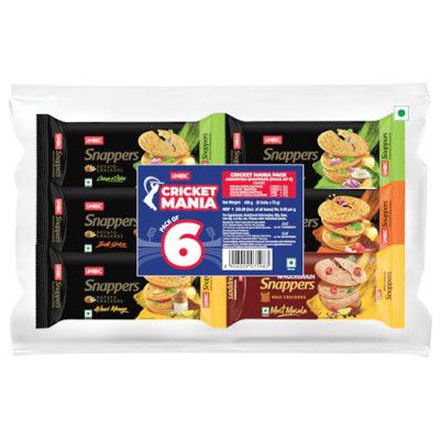 Unibic Foods India Pvt Snappers Cricket Mania I Assorted Pack I Thin Potato Biscuits I Flavoured Crisps I Pack of 6 I 450 gm
