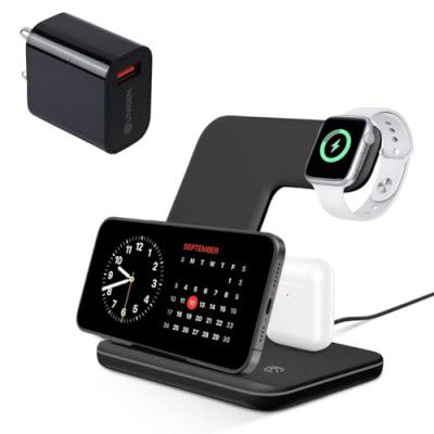 UNIGEN AUDIO UNIDOCK 3-in-1 Wireless Charger Type-C PD for iWatch Series SE/6/5/4/3/2/1; AirPods 1/2/Pro; iPhone 15/14/13/13/Mini/13Pro/12/12pro/11/XS MAX/XR/XS/X/8/8 Plus/Samsung & (Black AD) …
