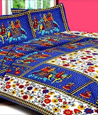 UniqChoice Blue Color Rajasthani Traditional Printed 120 TC 100% Cotton Double Bedsheet with 2 Pillow Cover,UCBD146