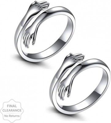 Uniqon (Set Of 2 Pcs) Love Forever Valentines Day Hand Hug Me Thumb Finger Metal Silver Plated Ring