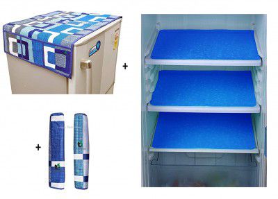 Unique Productions Combo of Designer Refrigerator Cover(Blue) 2 Handle Cover (Blue) and 3 Fridge Mats (Blue) Standard Size; -Set of 6 Pieces
