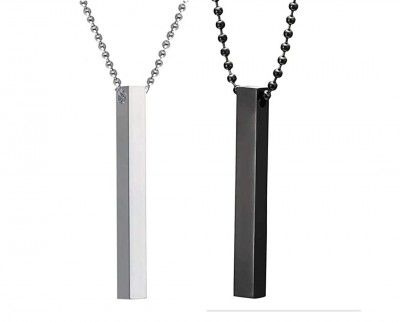Unisex Metal Fancy & Stylish Silver 3D Vertical Bar Cuboid Stick Custom Name Locket Pendant Necklace With Chain Jewellery Set (Pack of 2)
