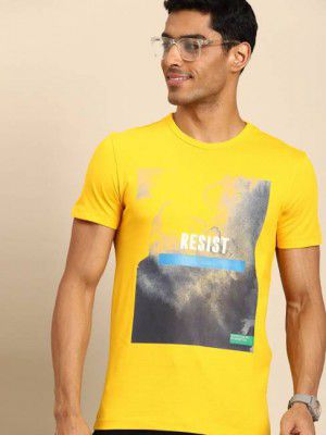 United Colors of Benetton  Men Solid Round Neck Pure Cotton Yellow T-Shirt