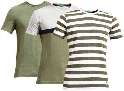 United Colors of Benetton Pack of 3 Striped Men Round Neck Dark Green T-Shirt