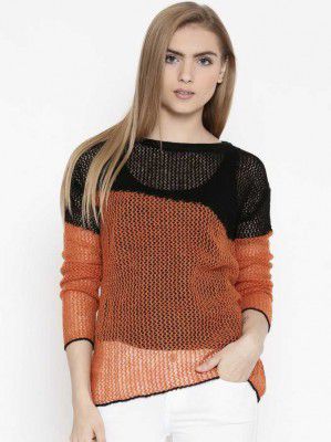 United Colors of Benetton Self Design Round Neck Casual Women Brown Sweater
