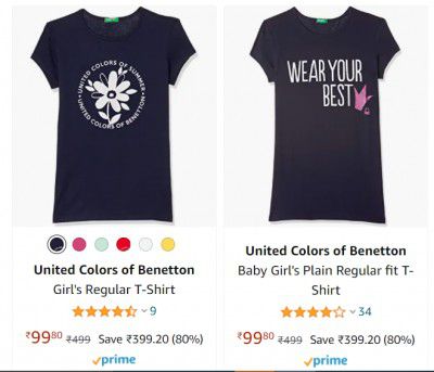 United Colors of Benetton Girl's Regular T-Shirt Starting at ₹100