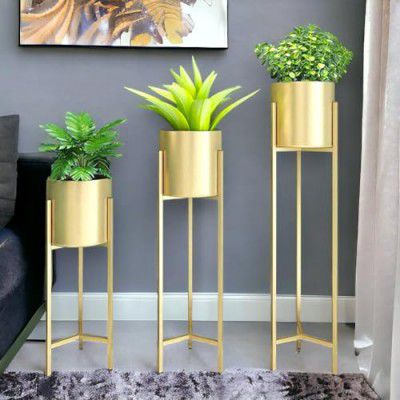 Universal Decor Metal Floor Flower Stands with Planter Pot - Set of 3, Modern Indoor Plant Stand for Living Room Bedroom Display Gold Metal Planters