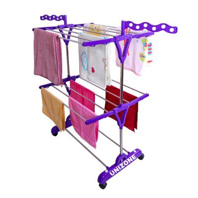 UNIZONE Premium Foldable Cloth Drying Stand – Single Pole, 2-Tier with Wavy Side Wings & Kite Connectors (Purple)