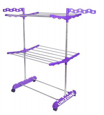 UNIZONE Stainless Steel 2-Tier Single Pole Foldable Clothes Drying Stand with Side Wings(Purple)