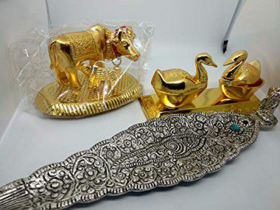 Unknown Metal And Brass Kamdhenu Cow And Calf Baby, Large, Golden