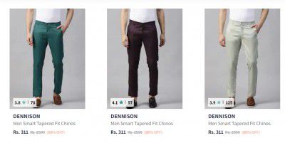 Up to 88% off on Dennison Men's Trousers from ₹311